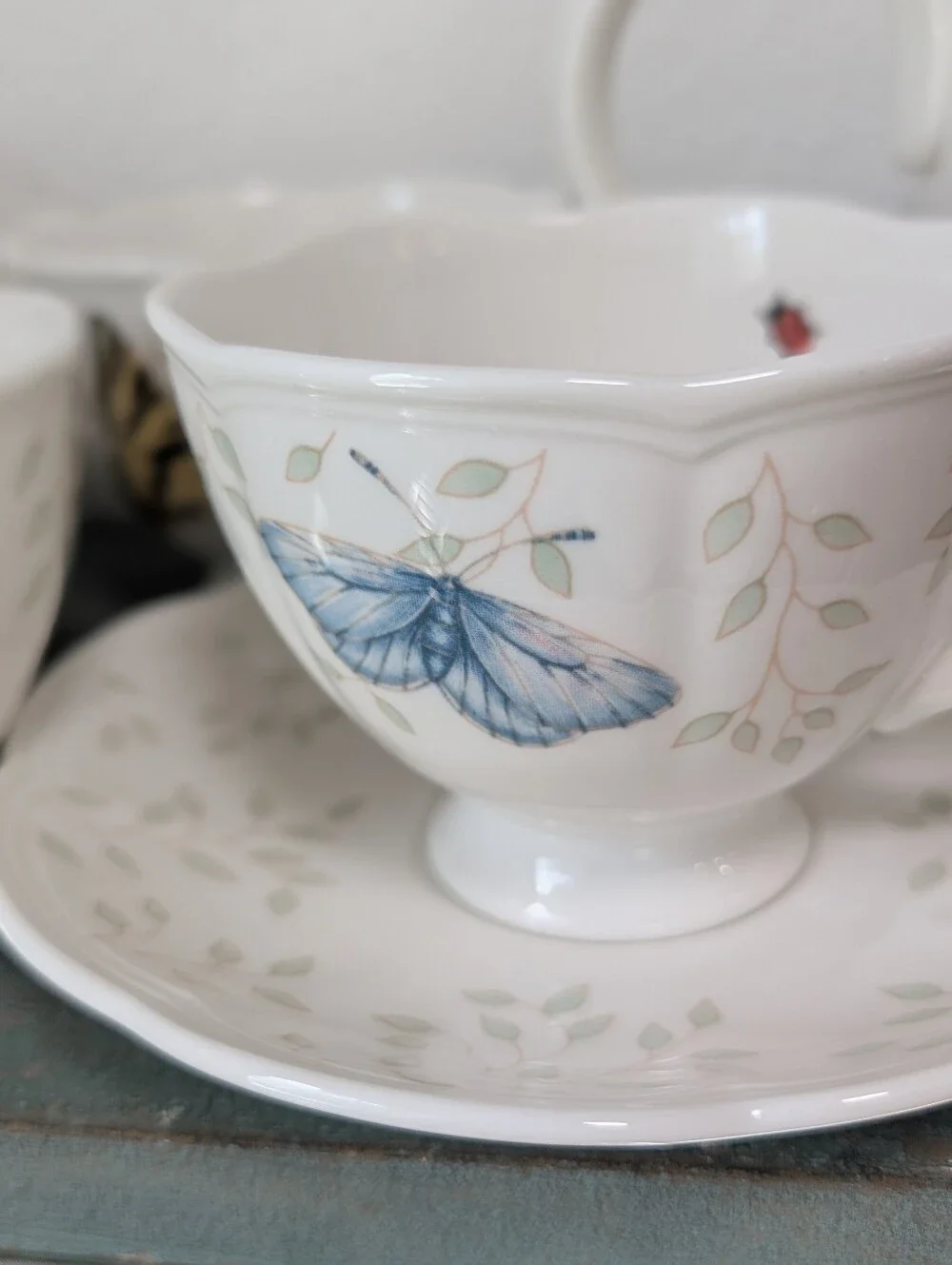 Vintage Lenox Butterfly Meadow Teapot with 4 Tea cups and Saucers 10 Pieces